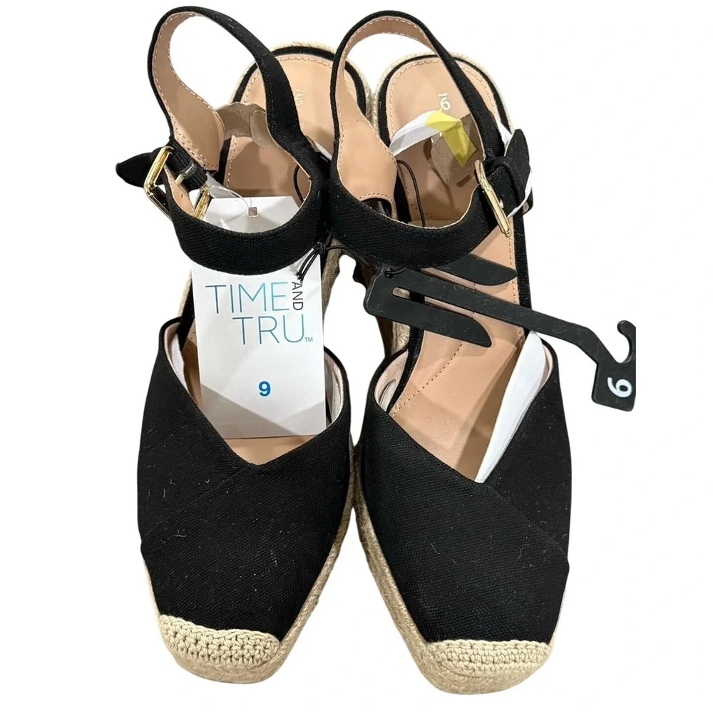Time and Tru Espadrille Wedge Sandals Black Size 9
